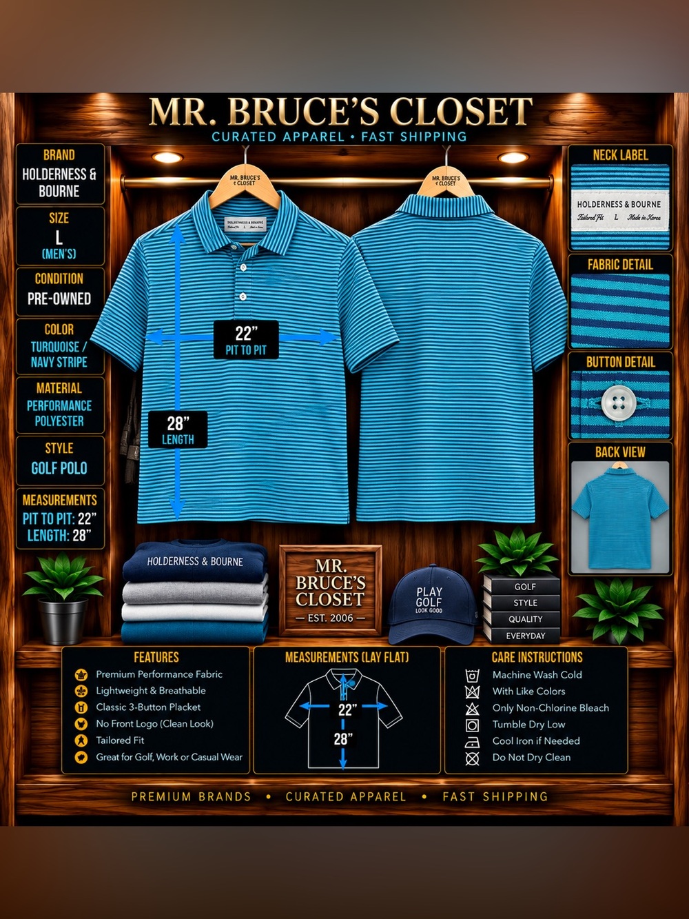 Holderness & Bourne Men's Turquoise & Navy Stripe Golf Polo